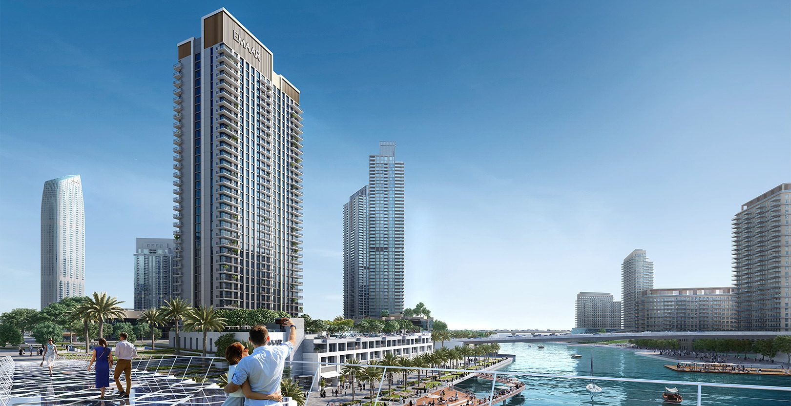 Palace Residences North — tower and waterfront townhouses on the Creek Island canal, render (Emaar)