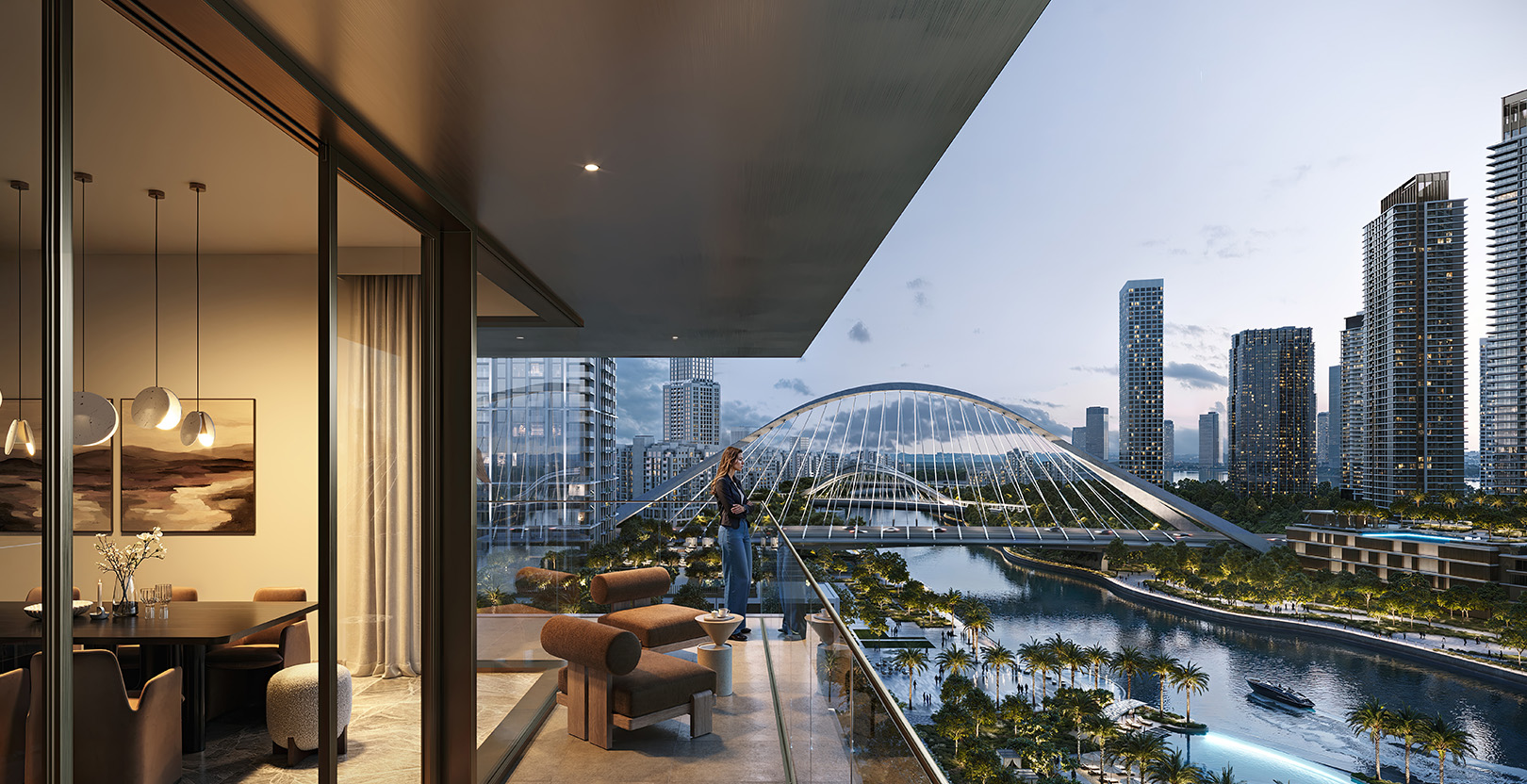 Palace Residences Creek Blue: balcony view over the canal and arched bridge at dusk, render (Emaar)