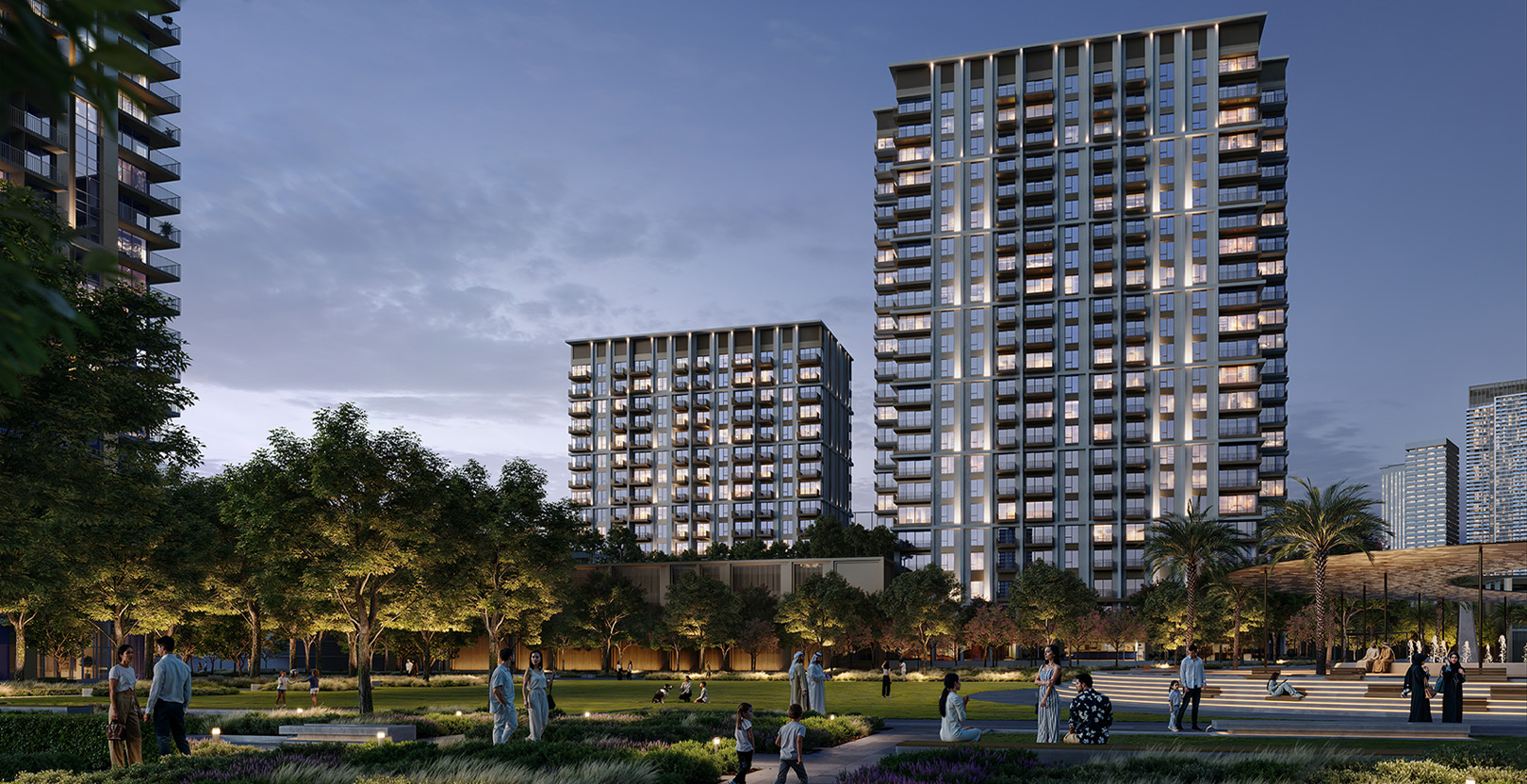 Altus: two residential towers above a park at dusk, render (Emaar)