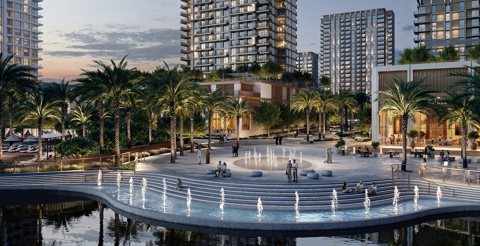 Address Residences Dubai Creek Harbour: fountain terrace and plaza at dusk, render (Emaar)