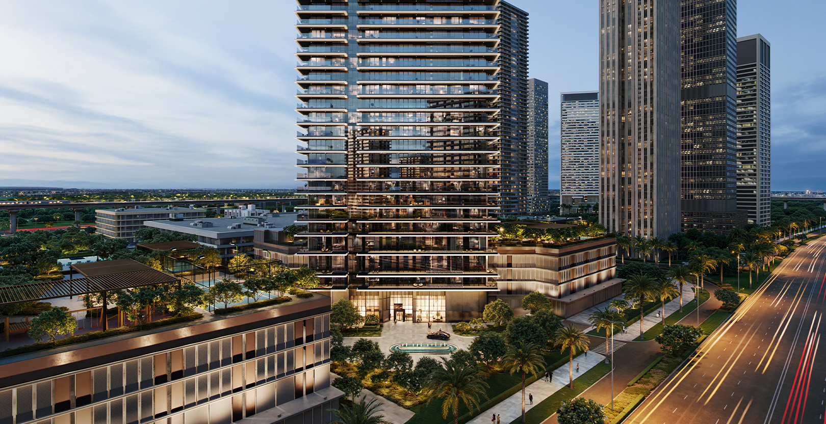Albero — tower and arrival plaza at dusk (Emaar)