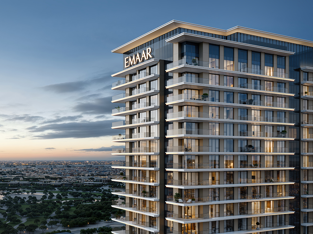Silva — tower exterior render at dusk (Emaar)