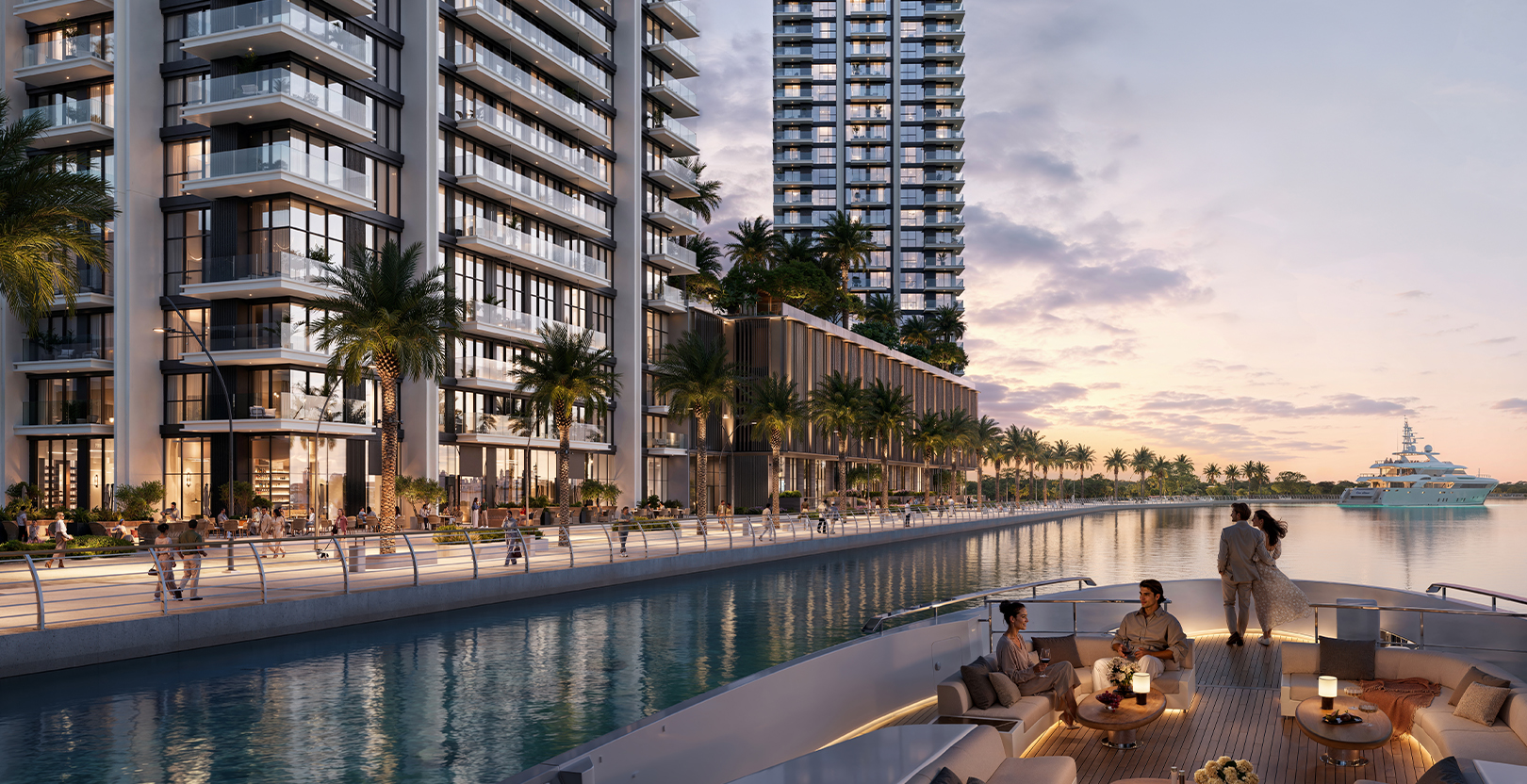 Creek Bay — waterfront promenade at dusk, render (Emaar)
