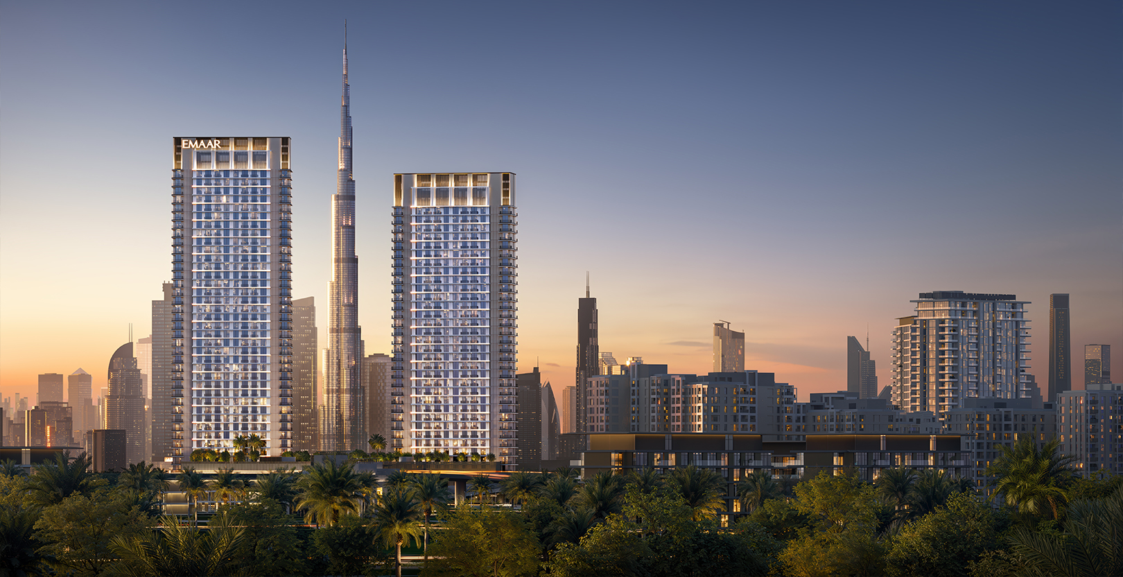 Creek Haven — the two towers at dusk with the Downtown skyline, render (Emaar)
