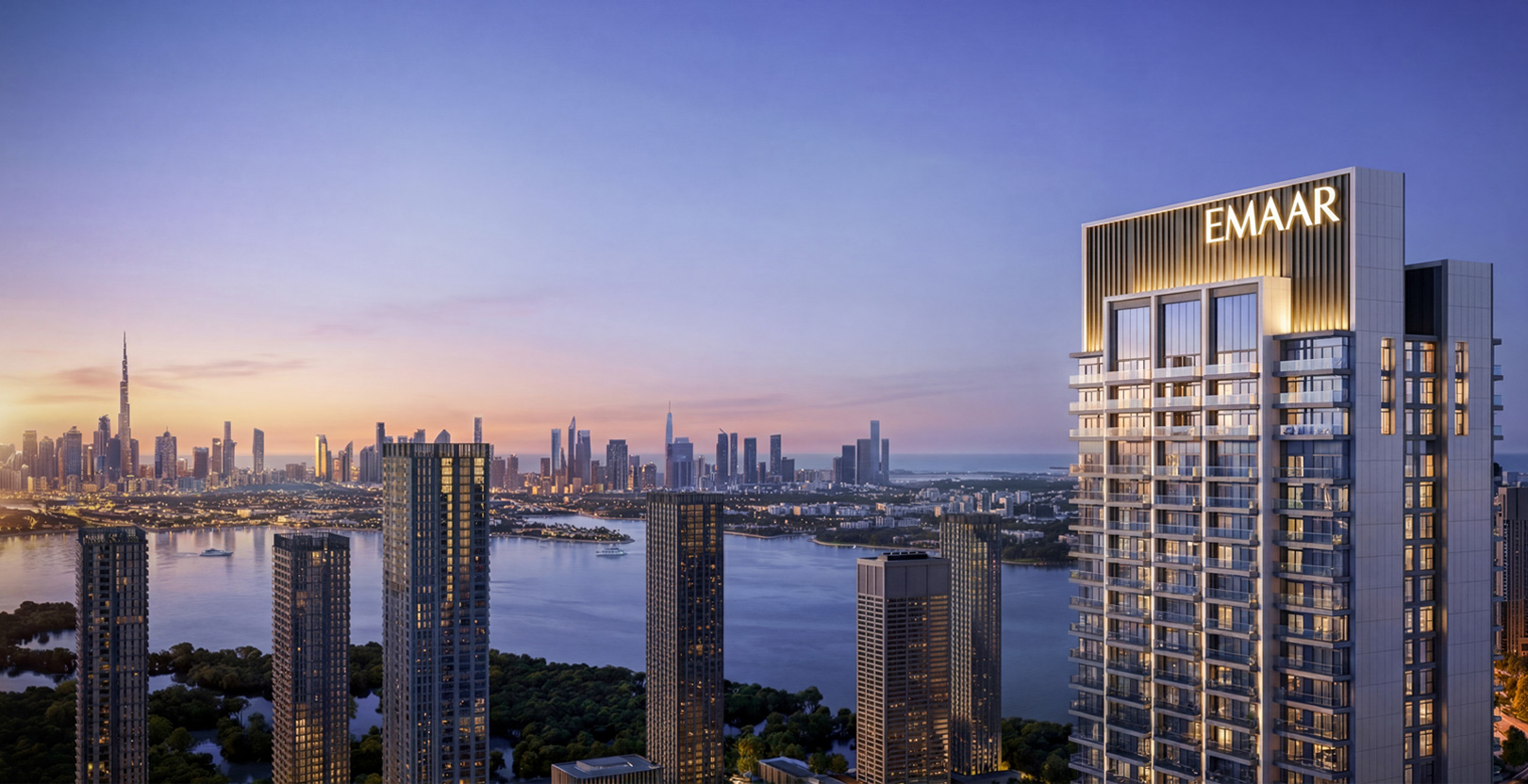 Valia — tower at dusk overlooking Dubai Creek and the Downtown skyline, render (Emaar)